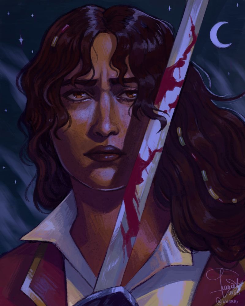 portrait of a woman holding a bloody sword. the moon is shining behind her. 