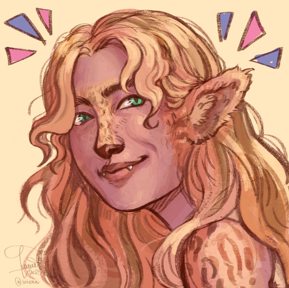Roughly rendered icon of a young man with long blonde hair and ocelot-like features