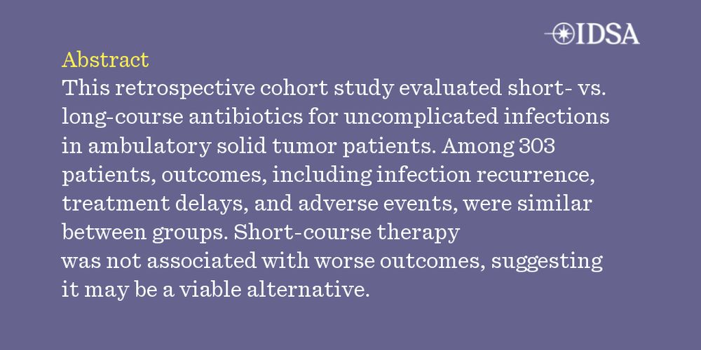 This retrospective cohort study evaluated short- vs. long-course antibiotics for uncomplicated infections in ambulatory solid tumor patients.