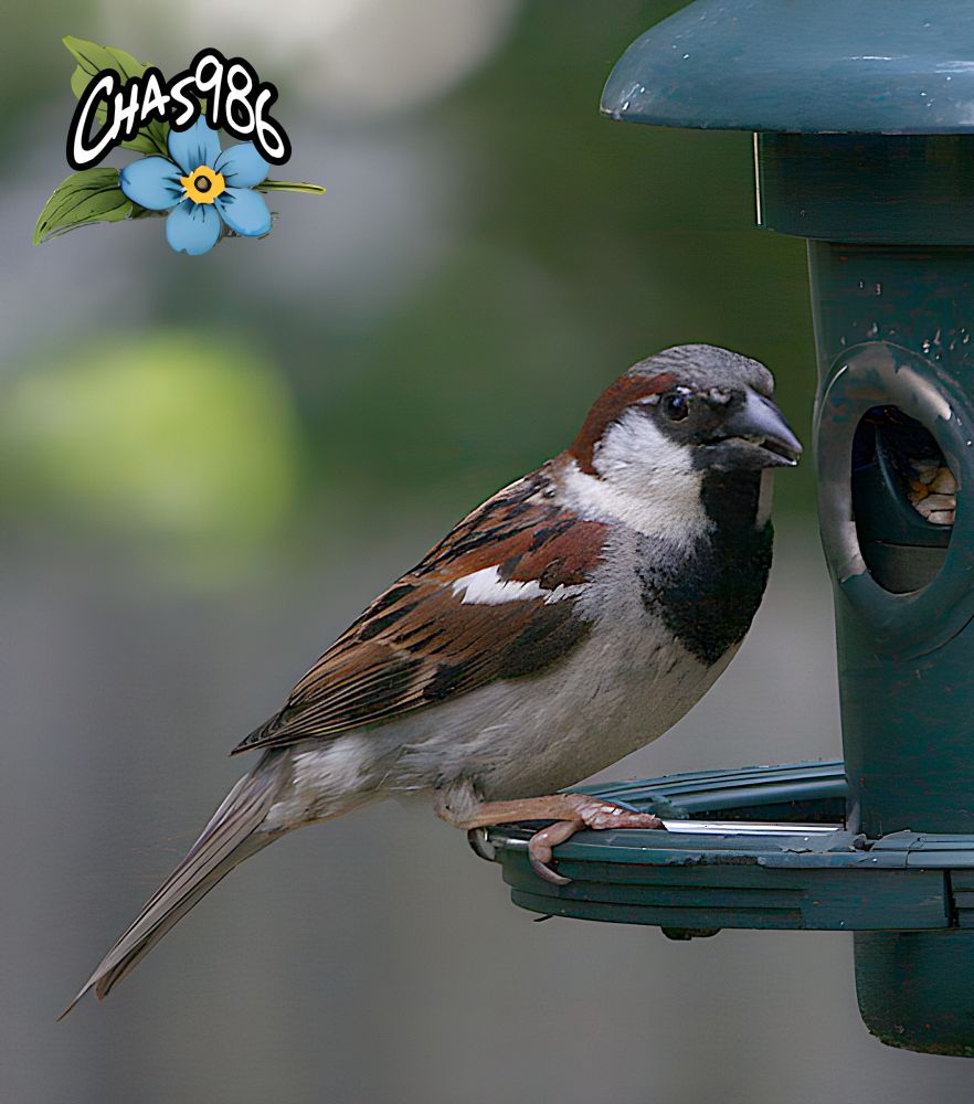 Closeup semi-profile photograph of a small brown white and black bird on a green bird feeder.