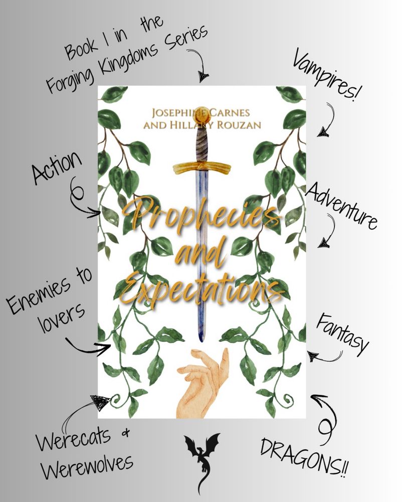 Cover of the book Prophecies and Expectations by Josephine Carnes and Hillary Rouzan highlighting some main points of the book, including: this is book 1 of the Forging Kingdoms Series, dragons, fantasy, adventure, enemies to lovers, action, and werecats/werewolves. 