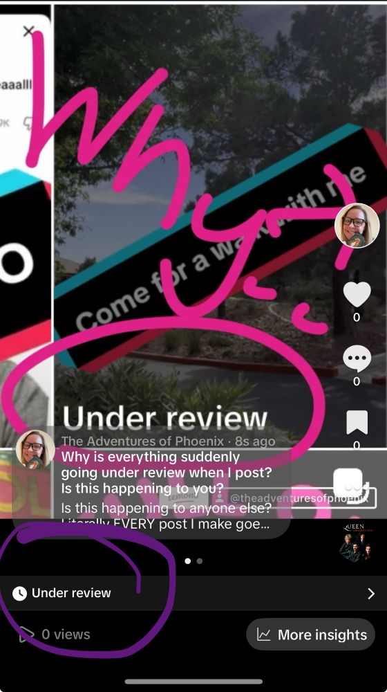 Screenshot of a post asking if anyone else is getting put under review on TikTok for every post and it’s also under review