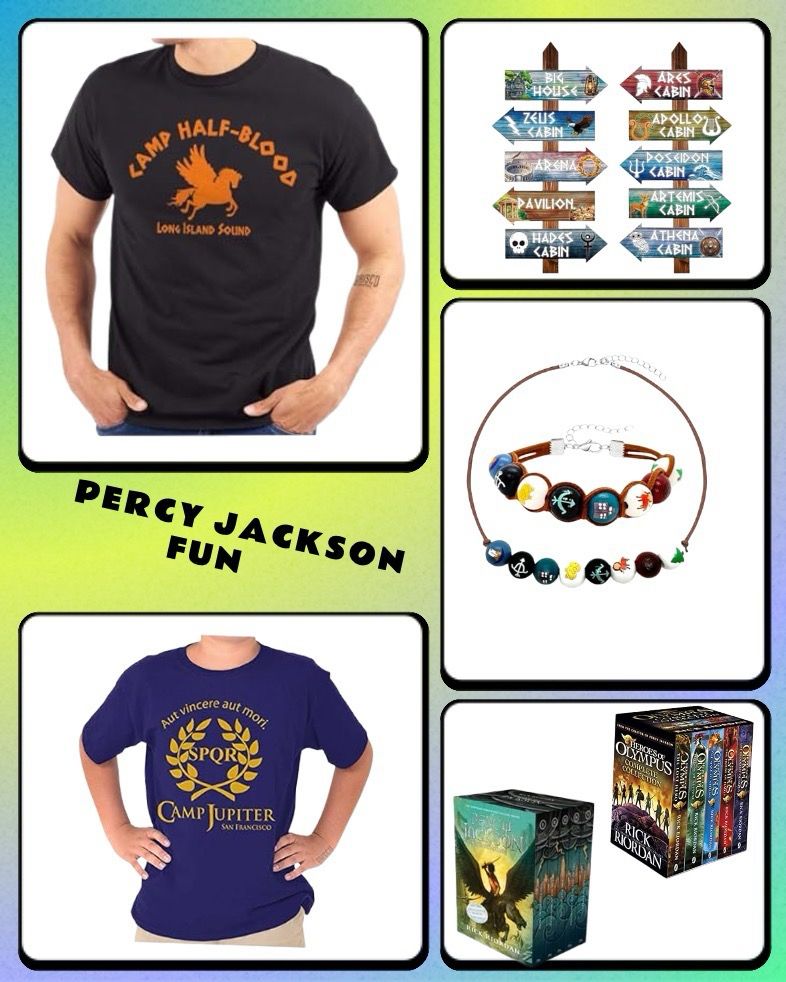 Amazon curation of the t-shirts in first picture, some camp signs of the Gods cabins at camp halfblood, Annabeth’s beaded necklace and bracelet, and the Percy Jackson and Heroes of Olympus boxed sets. Link in bio connects to Amazon storefront to view products more easily. 