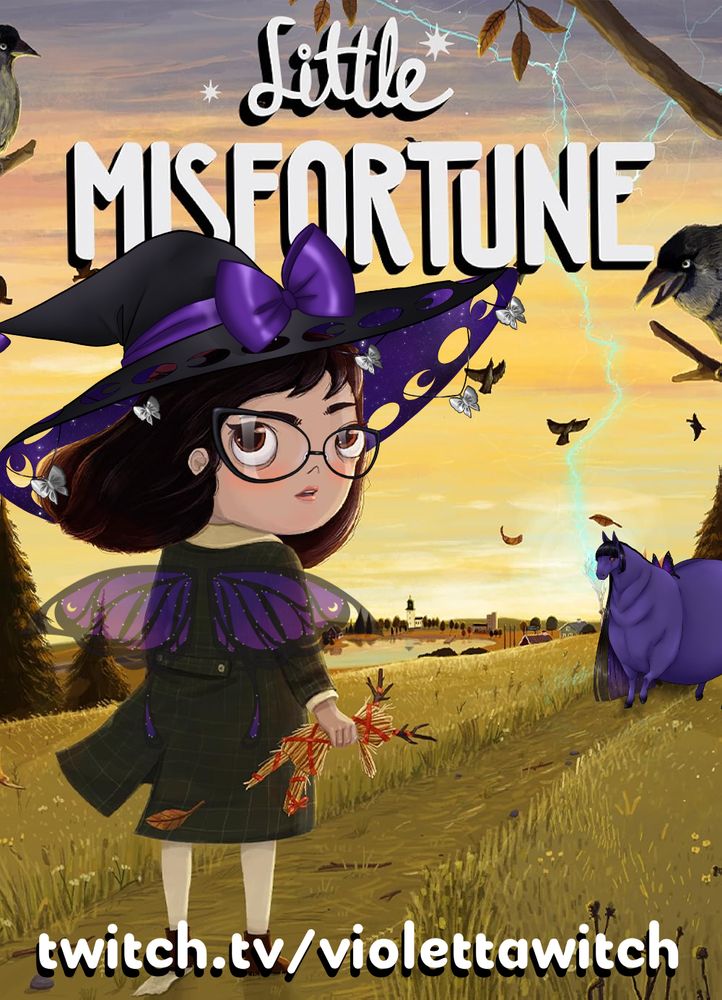 Little Misfortune poster with twitch.tv/violettawitch at the bottom. The poster features a young girl holding a straw doll looking back at the viewer. There is a lighting strike in the distance of a yellow, grassy field. A fat, purple horse is standing down the path near the horizon.