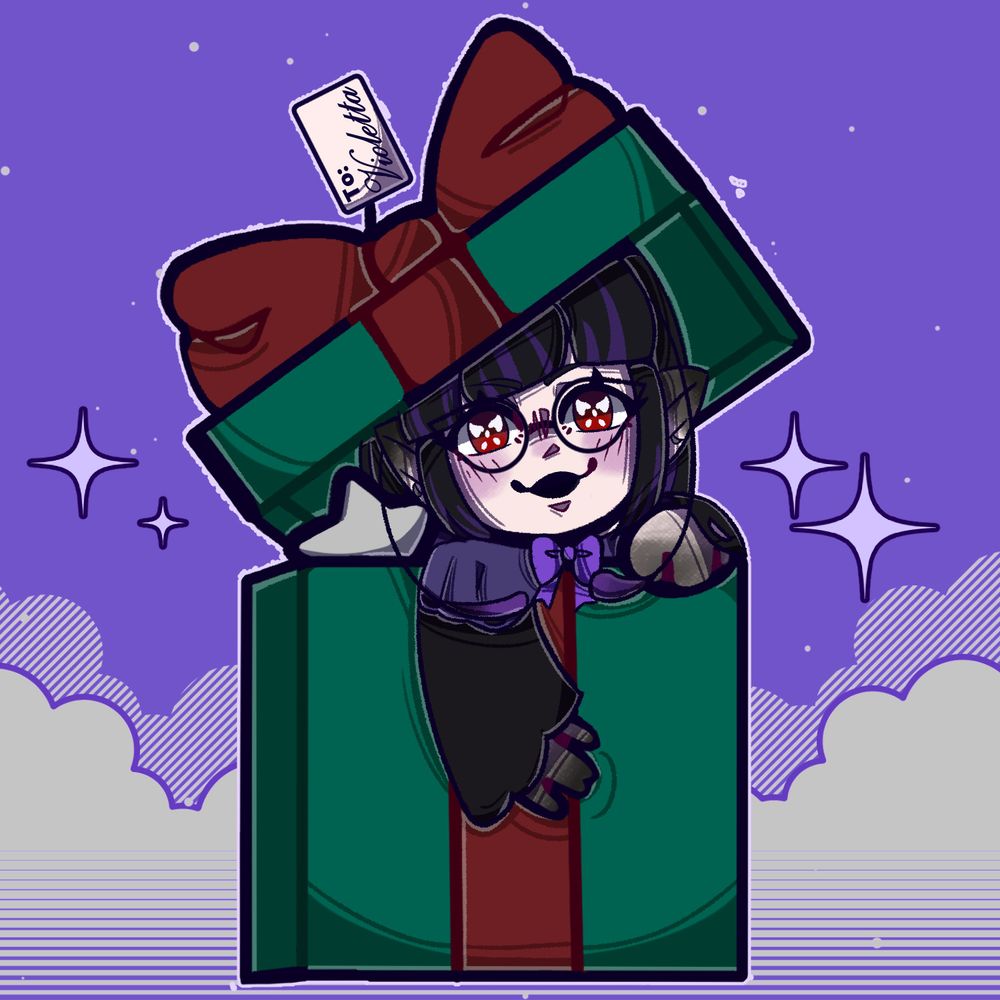 Violetta partially hanging out of a large, green gift box that is tied with a classic red ribbon. There is a tag sticking out of the bow at the top that says "To: Violetta". A silver star is next to Violetta in the gift box. The background is a lavender purple colour with clouds and sparkles.
