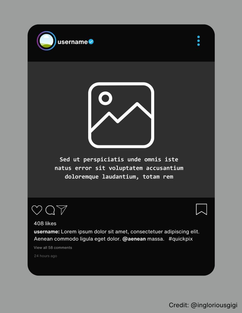 a mockup of an instagram like mockup with image icon and fake alt text below in darkmode. 