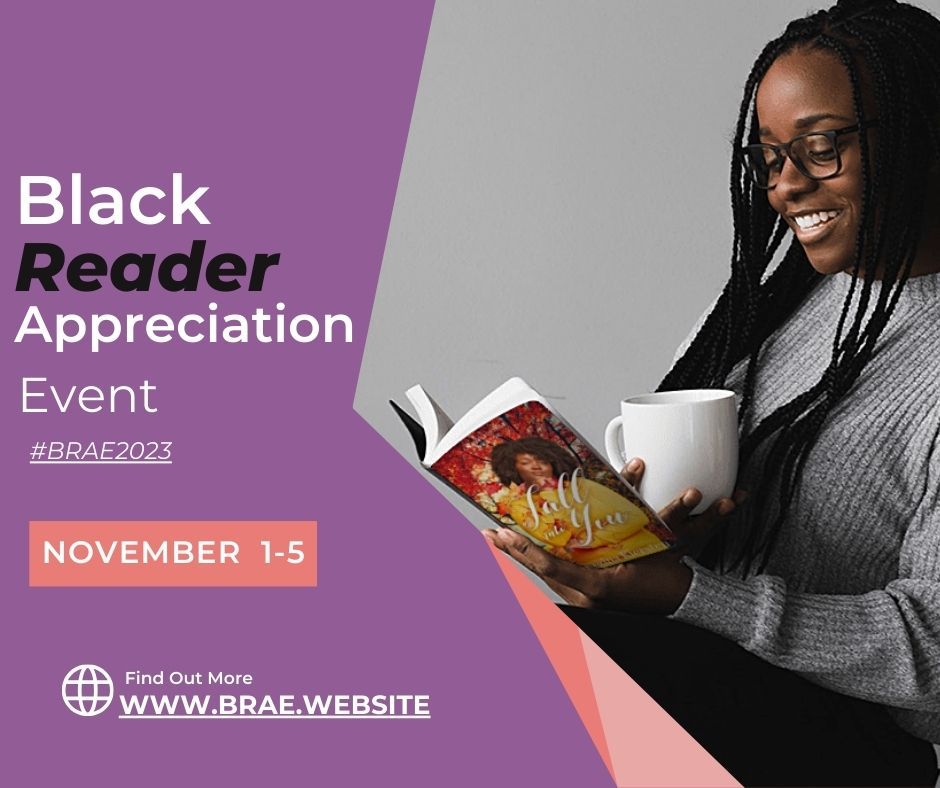 Black woman reading Fall Into You by  Georgina Kiersten - Black Appreciation Event #BRAE2023 November 1-5th.  www.brae.website
