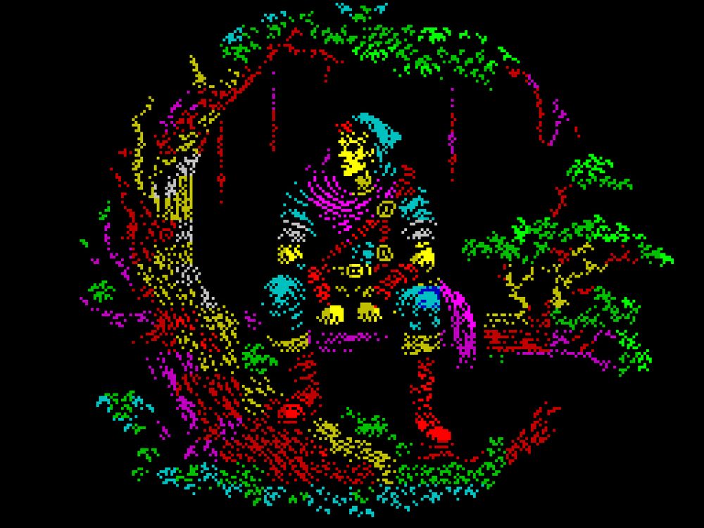 A pixel art drawing of a thief character sitting on the branch of a tree. The thief is wearing red boots and a turquoise cap. The tree encompasses the picture in a circle with its branches framing the thief.
