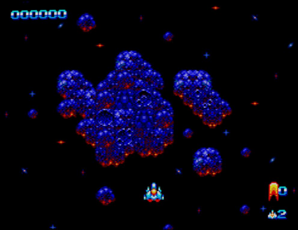 Screenshot of a shoot 'em up game showing a spaceship approaching a blue and red asteroid.