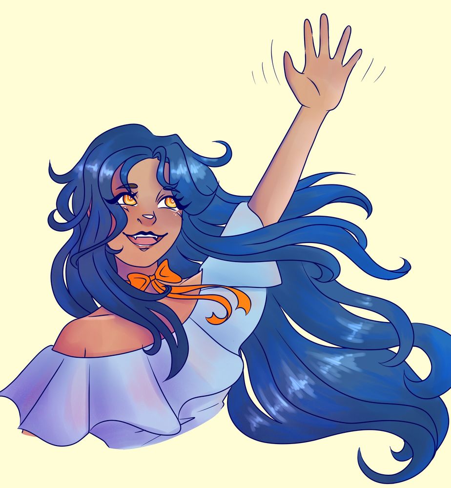 A drawing depicting a girl waving excitedly. She has long, dark blue hair and orange eyes. She is wearing an orange bow tied around her neck