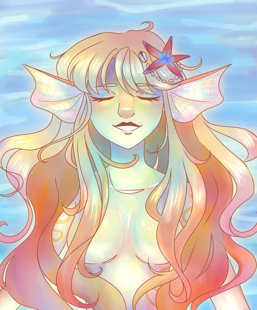 Art showing a colorful mermaid laying in the water. She has a serene look on her face