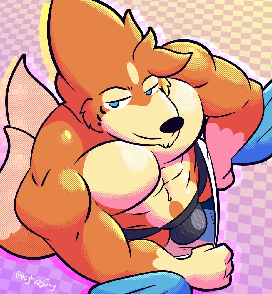 A muscular make Floatzel character tugs at his swimming trunks, revealing a jock strap underneath.