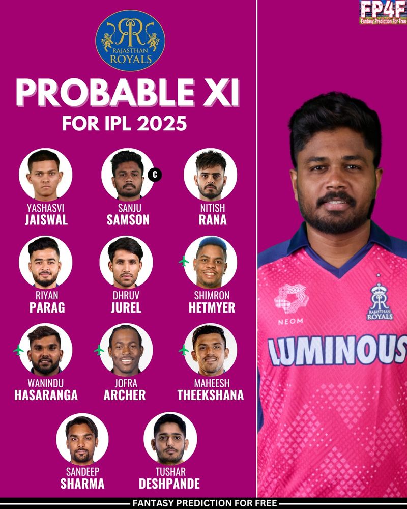 Rajasthan Royals Probable Playing 11 for IPL 2025, RR Expected playing 11 for IPL 2025.

📷: IPL & RR
#RajasthanRoyals #RR #Playing11 #ipl #IPL2025 #FantasyPredictionForFree #Cricket #FP4F 