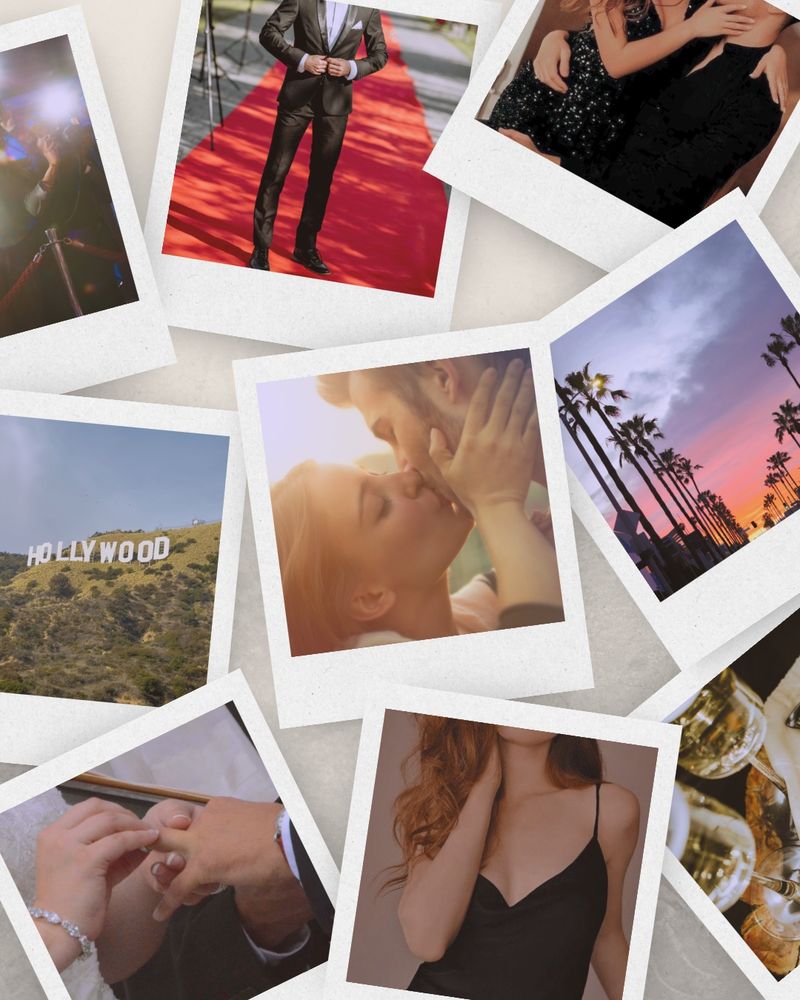 A graphic with nine photos that look like Polaroids scattered across a cream-colored surface. Top row of photos, left to right: photographers’ camera flashes; a tall, bearded white man in a suit on a red carpet; a couple in formalwear—her in a sparkly black dress, and him in a black suit—kiss as she sits on his lap. Middle row of photos, left to right: the Hollywood sign; a close-up of a white woman with red hair and a white man with light brown hair kissing with the sunset behind them; palm trees in LA with a pink, purple, yellow, and orange sky visible. Bottom row of photos, left to right: a white woman’s hand sliding a wedding ring onto a white man’s hand in close-up; a white woman with red hair in a black slip dress, visible from the lips down; two champagne glasses.