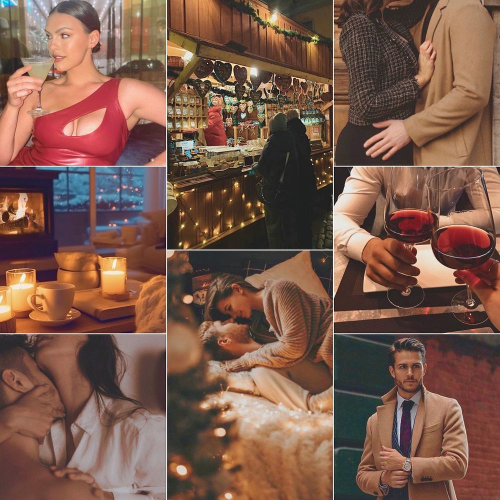 A grid of eight photos. Top row: a white woman with her dark hair pulled back in a bun sips a cocktail while wearing a red dress that shows off her boobs; a booth at a Christmas fair done up in twinkle lights; a man and woman kissing with his hand possessively placed on her hip. Middle row: a cozy scene with a blanket and hot beverages and a view of snow out the window; a couple fully clothed in bed about to kiss with a Christmas tree in the foreground; a closeup of two people clinking their glasses of red wine together. Bottom row: a man kissing the neck of a woman whose head is thrown back; a white man with blondish brown hair wearing a camel-colored coat.