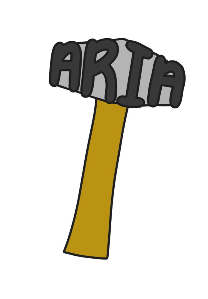 A plain, cartoon style hammer on a white background. The hammer is light grey, with bubbly dark grey text on top of it in the shape of the letters A-R-I-A.