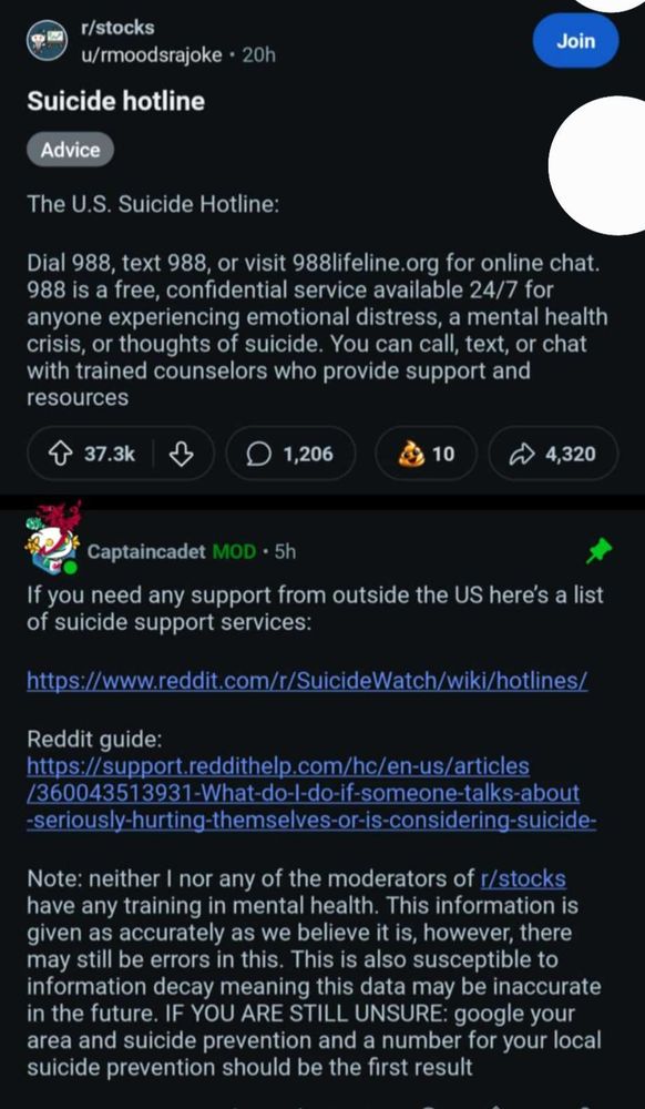 A screenshot of r/stocks with a post that explains how to contact a suicide hotline. 