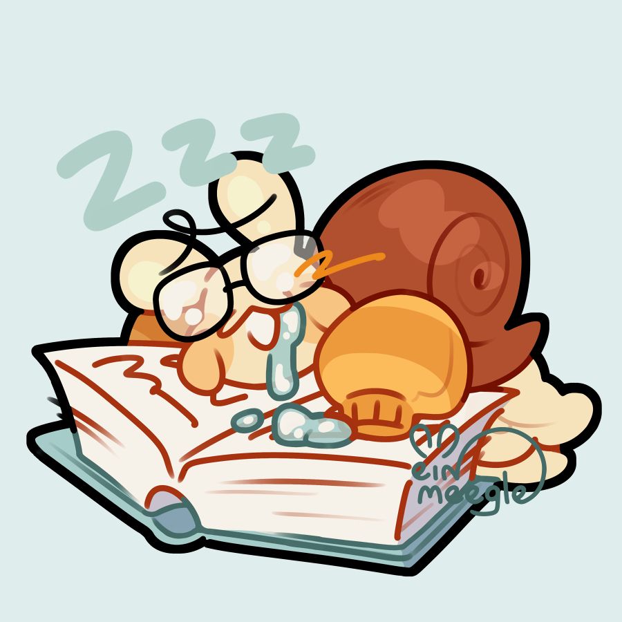 A digital drawing depicting a chibi snail wearing an oversized sweater and glasses, drooling onto a comically large book they are sleeping on.