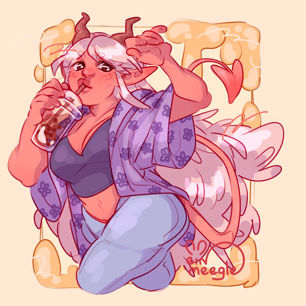A digital drawing depicting a pink-skinned demon girl wearing a large purple shirt with a flower pattern. Her tail is curled upwards behind her, while she is holding a boba cup up to her mouth, drinking from a straw as she looks to the side.
