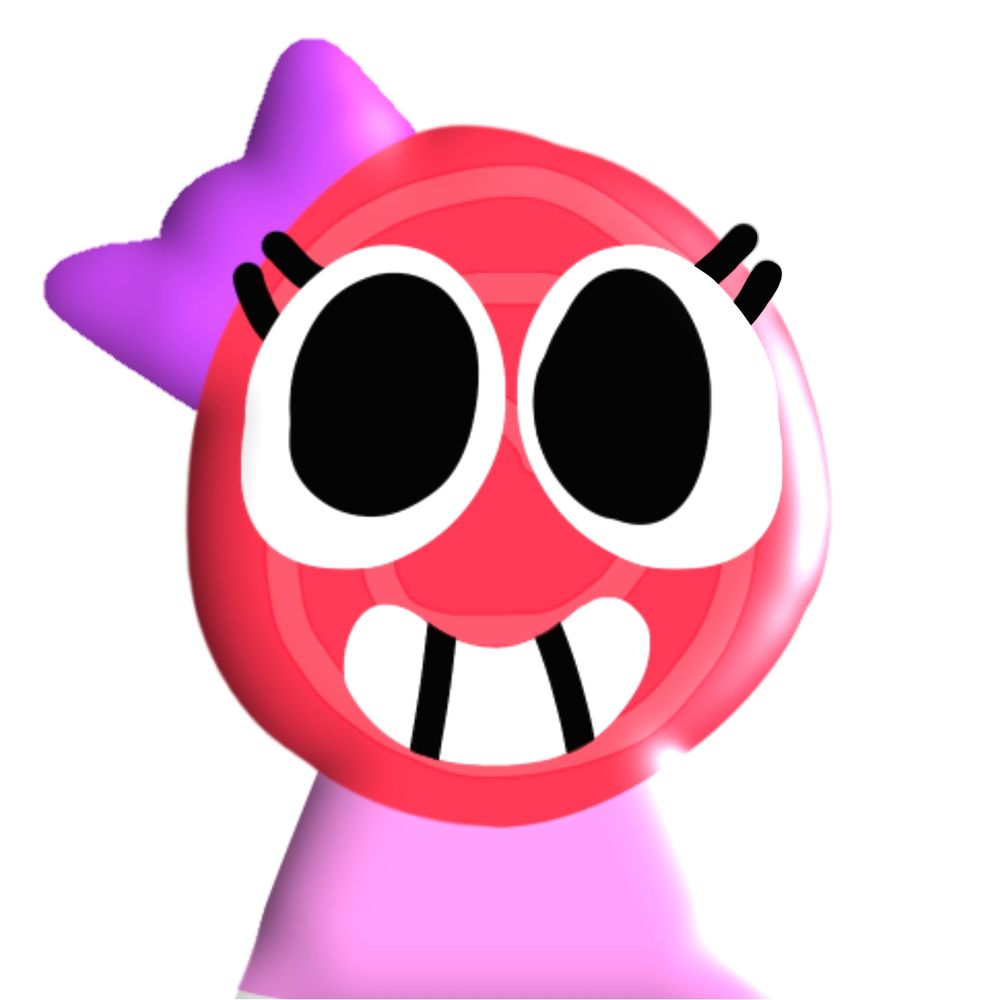 Lolly headshot, a red, anthro cartoon lollipop with a purple bow on the side of her head, and a pink t shirt
