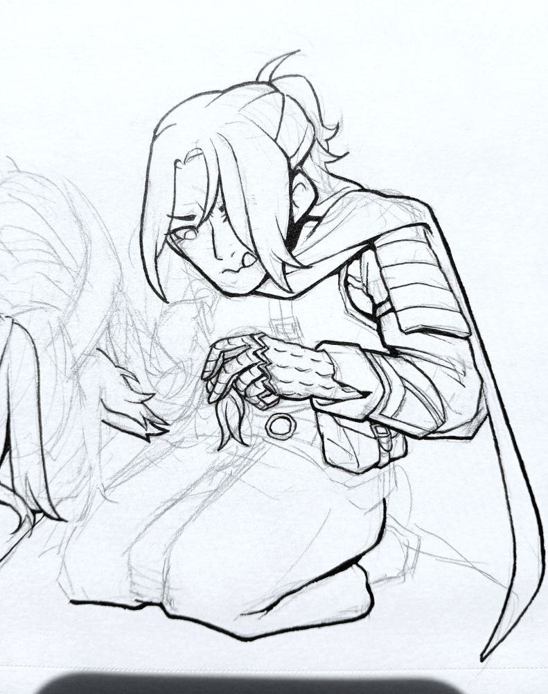 a wip of my tarnished, rasbora, from elden ring - he is wearing confessor armor