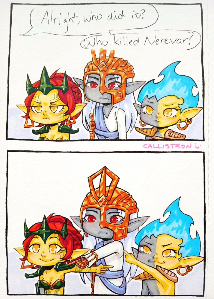 a comic of almalexia, sotha sil, and vivec - in the first panel, someone offscreen is saying "alright, who did it? who killed nerevar?" while in the second panel, the 3 are all pointing at each other