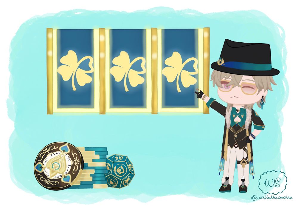 Aventurine from Honkai Star Rail in chibi form, snapping his fingers. Shows slot machine monitor with three clovers. Also pictured is Aventurine’s coin and die, along with some poker chips.