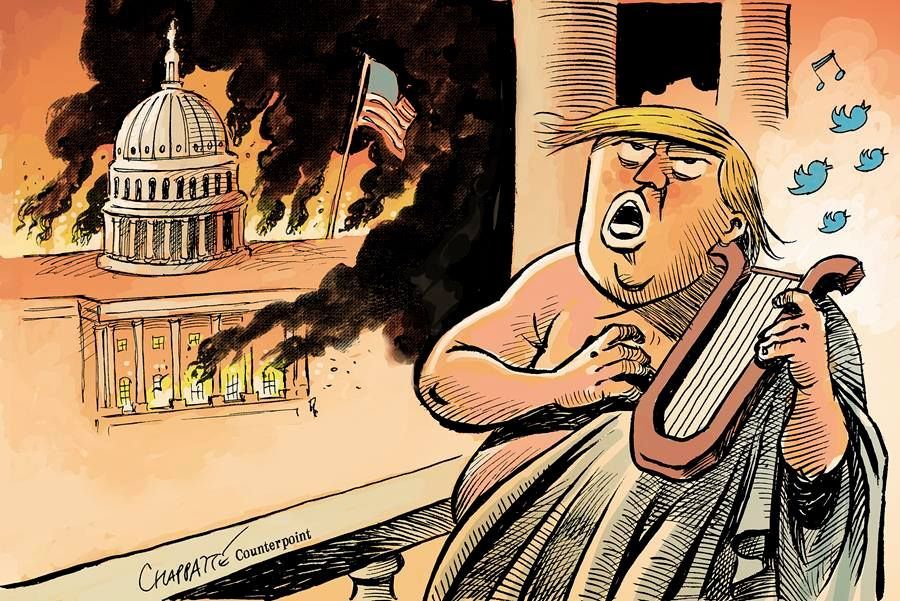 Cartoon by Chappatte -
Donald Trump, yellow hair and open scowling mouth, is a window, or on a balcony of the White House. He is playing a harp/lyre as he watches the Capitol burning, with flames and thick black smoke enveloping the building and an American flag. Trump plucks the strings and little blue birds emerge, the sound of notes (tweets).