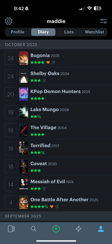 maddie’s diary on letterboxd showing the movies she logged in october which includes:  bugonia, shelby oaks, kpop demon hunters, lake mungo, the village, terrified, caveat, messiah of evil and one battle after another