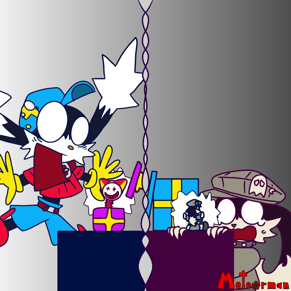 The left of the image: Klonoa (webcomic appearance) jumping up from fright after a Joka jack-in-the-box pops up from a magenta present box.
The right of the image: Nightmare Klonoa kneeling on the floor, holding his table, and crying after opening the blue present box and receiving a plush version of himself.
