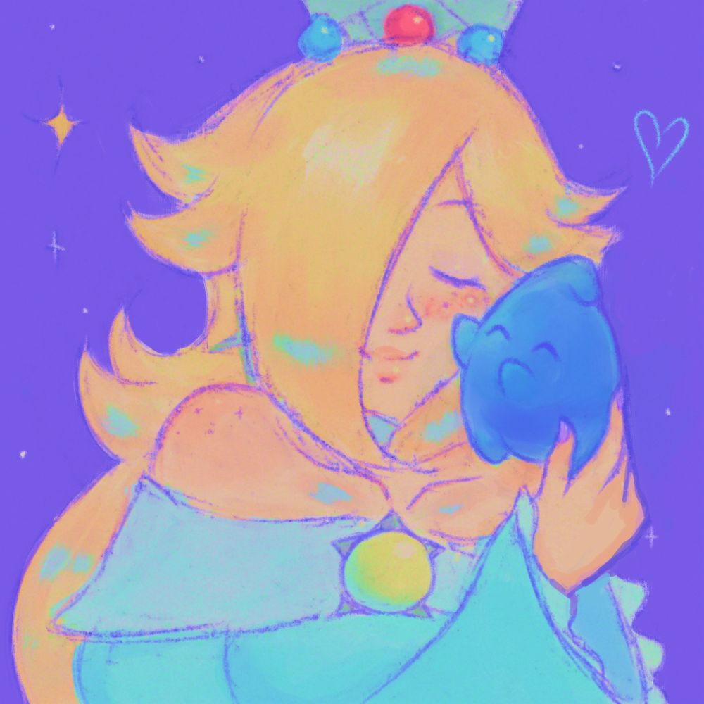 Rosalina snuggling a blue Luma up to her cheek gently with her eyes closed in a serene expression. the background is bright purple blue color to reflect the night sky and the whole piece is soft and warmly colored 