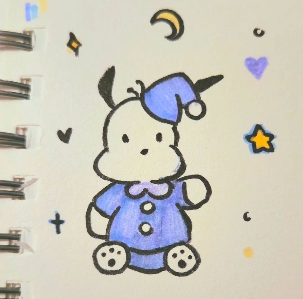 Pochacco in periwinkle blue pajamas and night cap 