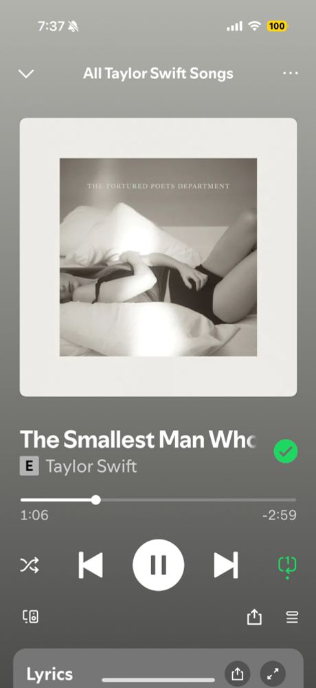 Screenshot of Taylor Swift’s “The Tortured Poets Department” album streaming song “The Smallest Man Who Ever Lived” on repeat.