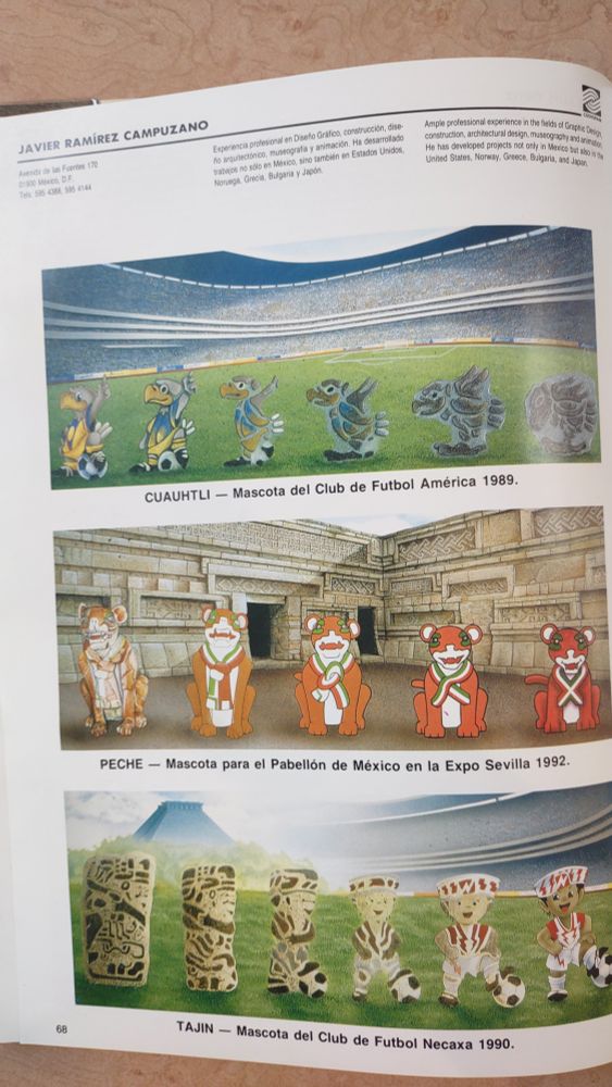 Ads for sporting clubs featuring pre-Columbian art transforming into a jaguar, a guy, and a bird in more contemporary cartoon art styles. It's very cute