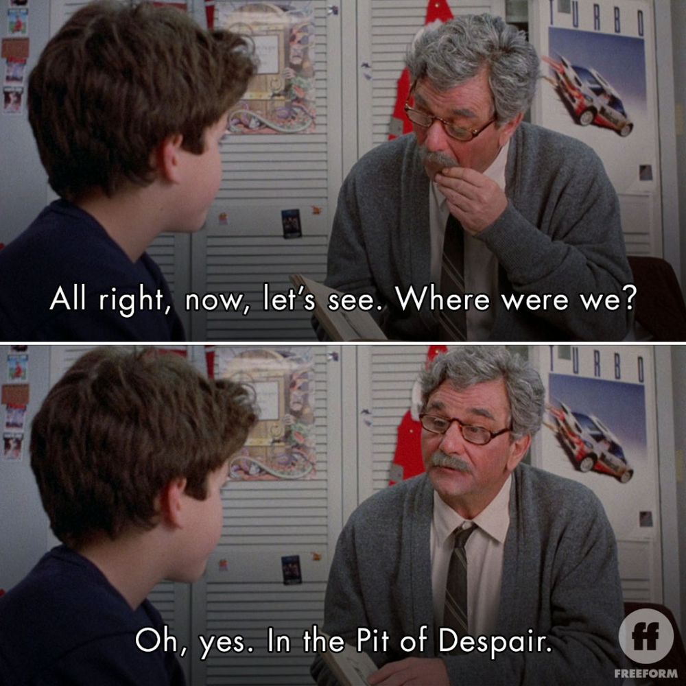 Still image from The Princess Bride fil, in which the grandpa says "All right, now, let's see. Where were we? Oh, yes. In the Pit of Despair".
