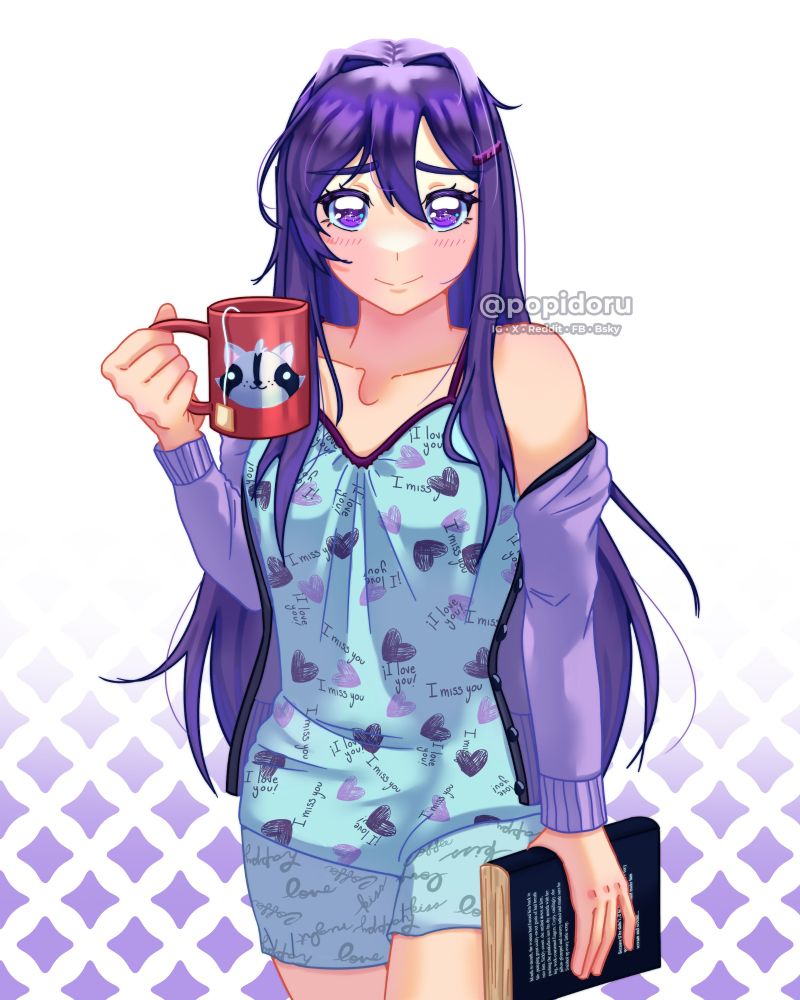 yuri from ddlc in teal pajama set holding a tea mug and a copy of the book misery by stephen king