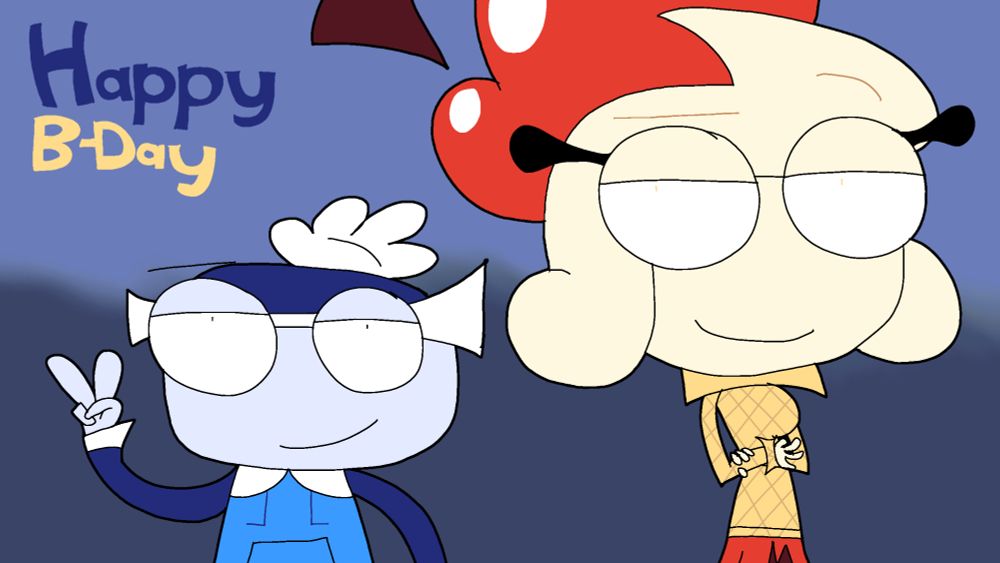 Parum and Merksia posing for an image, with the words happy B-day in the corner.