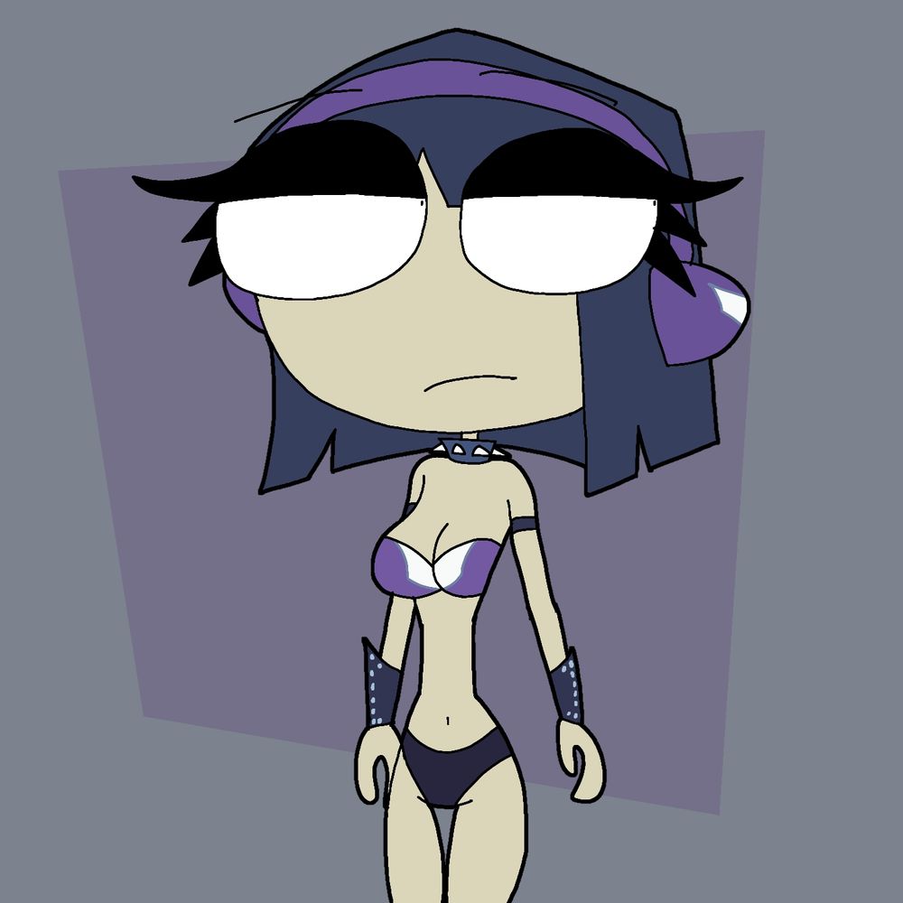 In front of a purple geometric background, Violet, a woman in a purple/black bikini, with a spiky choker, and two types of arm bands, stands in front of the background, not caring.