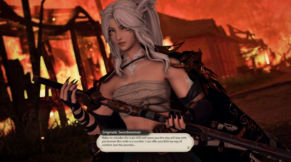Shiina has picked up the samurai's katana, and examines it in both hands. She continues speaking:

"Make no mistake: the scars inflicted upon you this day will stay with you forever. But strife is a crucible. I can offer you little by way of comfort, but this promise..."