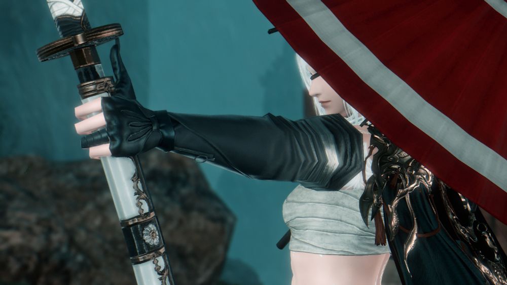 Shiina stands with her back to the camera, holding her arm out to the side and thumbing her katana from its sheathe. She rests a parasol on her shoulder in her other hand, her grin just visible beneath the brim.