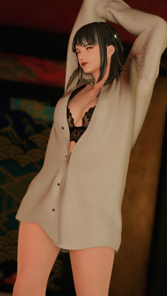Yotsuyu stretches, looking sleepy. She wears an oversized white shirt, unbuttoned enough to reveal her black bra beneath. Her legs are bare.