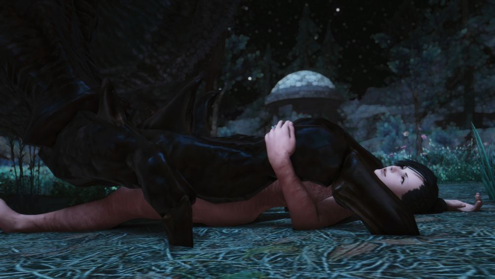 Hilda lies naked in the grass in the forest, under the gaze of a starry night. Surtr's massive dragon claw pins her to the ground. Hilda looks upward, wearing a devious grin.

You can imagine their conversation going something like this

Shrike: 'Just tell me if you're uncomfortable at all, Hilda..."

Hilda: "Uncomfortable? Are ye kidding? Nothin' makes me feel more alive!"

Shrike: '...I should've expected you would say that.'
