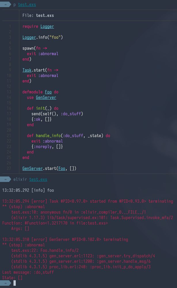 Example code showing that `exit(:abnormal)` is not reported back when using unsupervised processes.