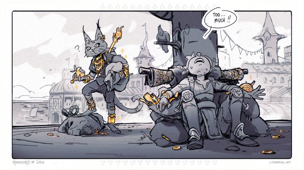 Cartoon drawing of a duo of my lovable thieves Slither-paw Rah’eeni and Dandera. They are holding huge bags of loot and golden items and resting on a rooftops in some medieval-ish sea-town. Dandera (right) is sitting against a dovecote, slouching into her clearly too-heavy bags of loot, exhausted. She says “Too… much!!” in a speach bubble above her head. A little further on the left, Rah’eeni, covered with gold jewelery and hoarding huge bags as well, is enjoying a golden apple and looking a bit confused at Dandera like “too much what?”