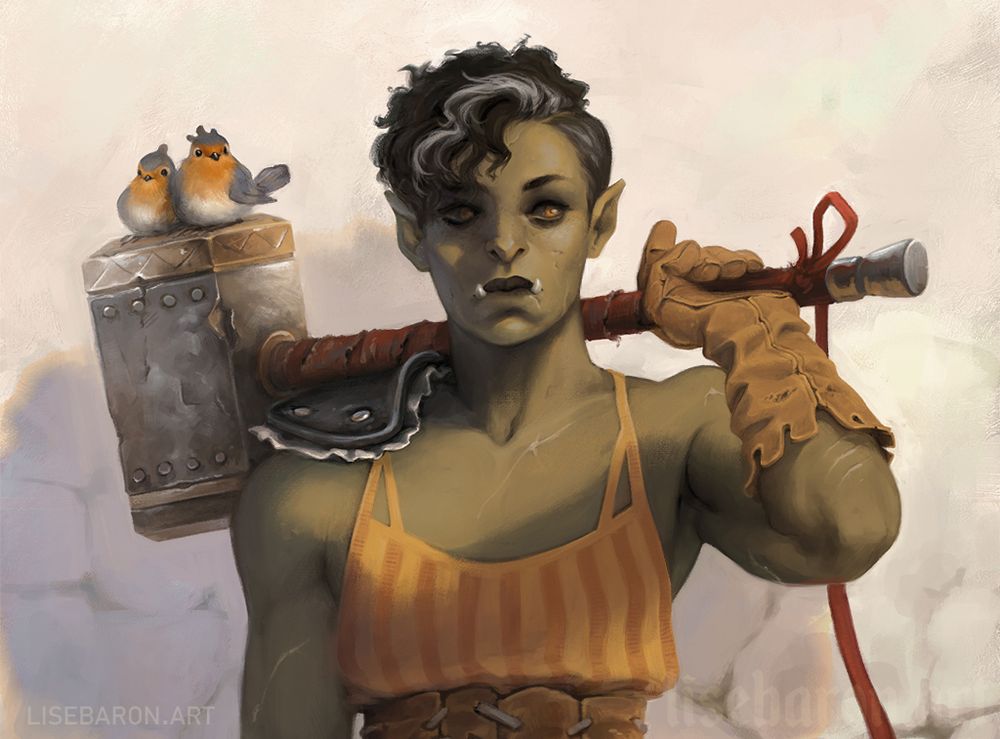front facing half-orc woman holding a big war hammer across her shoulders with two robins sitting on it <3