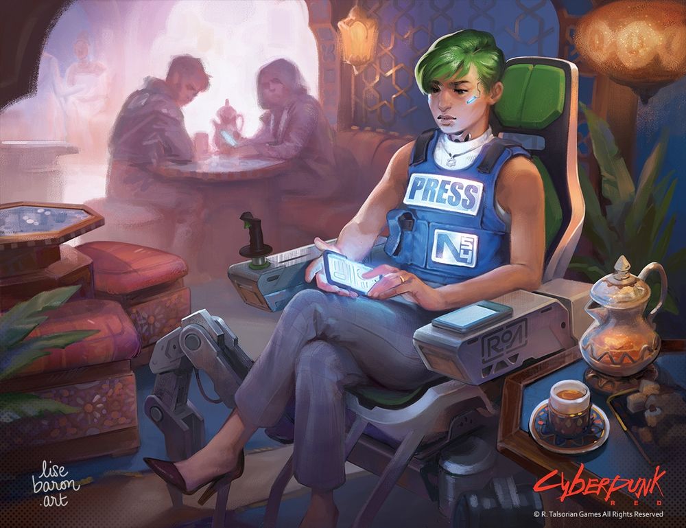 Digital Painting for Cyberpunk RED. Portrait of a journalist with a short bright green pixie cut, sitting crossed legged in her cyberchair in a warm colored turkish café