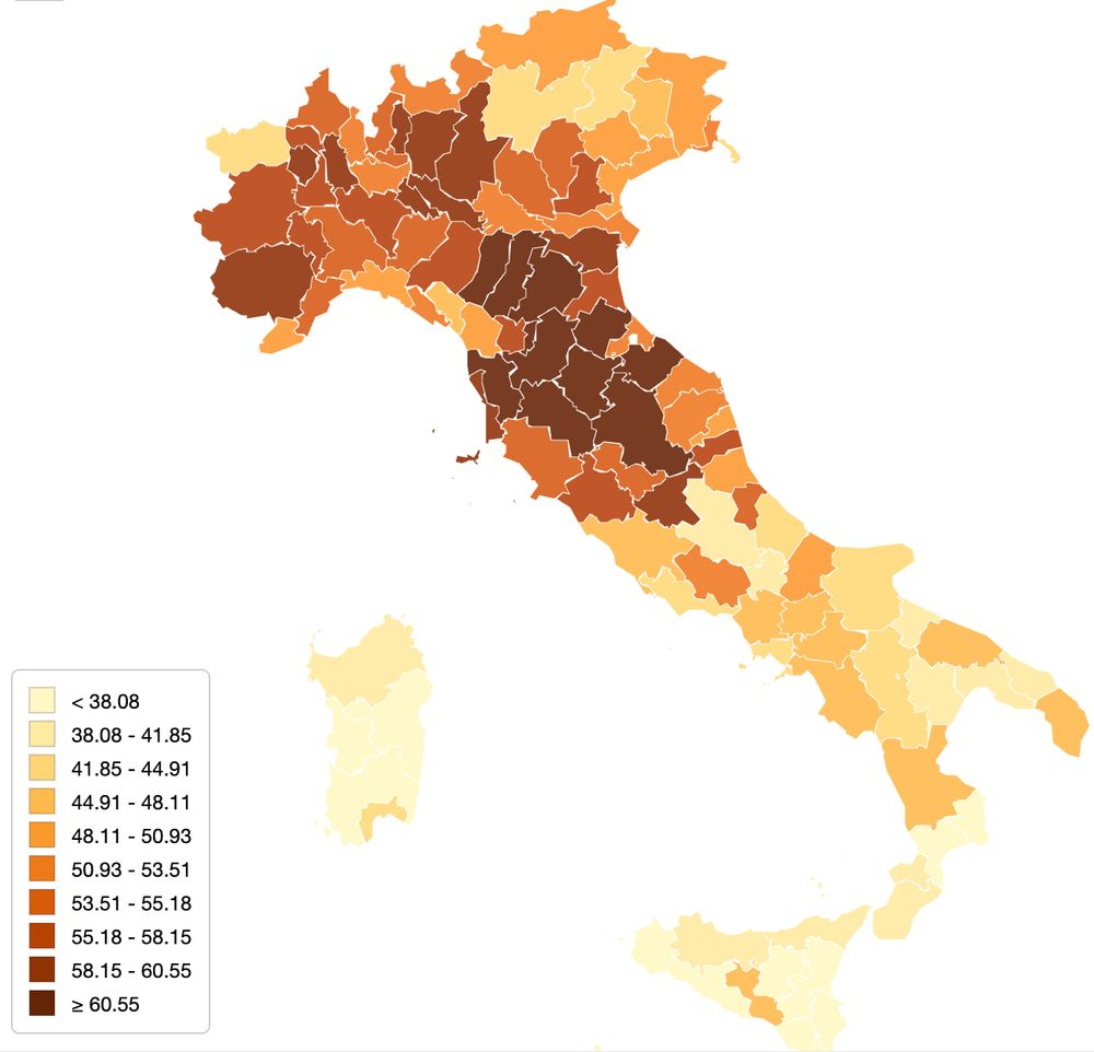 Map displaying definitive electoral turnout for 2024 European Elections across Italian provinces. Each province is colored according to turnout percentage, with darker shades representing higher turnout.

By LaPolis – Università di Urbino Carlo Bo, Demos, Demetra.