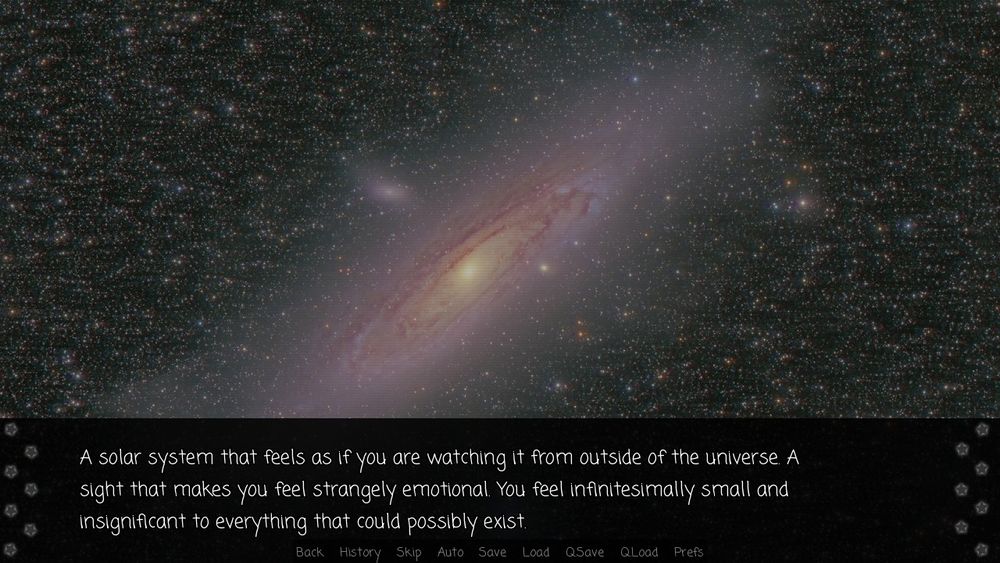 A screenshot of my visual novel Daughters of the Stars. In it, text reads "A solar system that feels as if you are watching it from outside of the universe. A sight that makes you feel strangely emotional. You feel infinitesimally small and insignificant to everything that could possibly exist."
