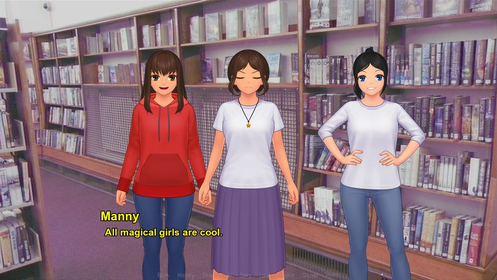 A screenshot from my visual novel Daughters of the Stars. In it, the character Manny is saying "All magical girls are cool."