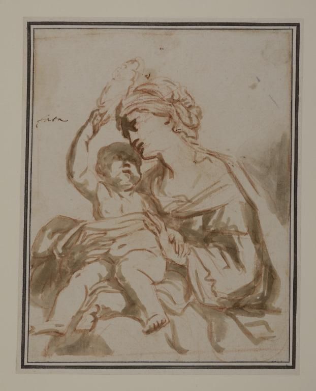 A drawing in red chalk on paper of a Madonna and Child. The Madonna is turned slightly sideways, facing the left edge of the work with her left shoulder towards the viewer. The Child in her lap lifts his right arm to crown his mother with a wreath of (barely discernable) roses.